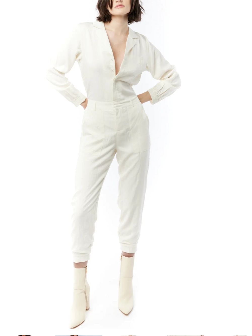 Women's Cream Jumpsuit - Elegant Long-Sleeve One-Piece